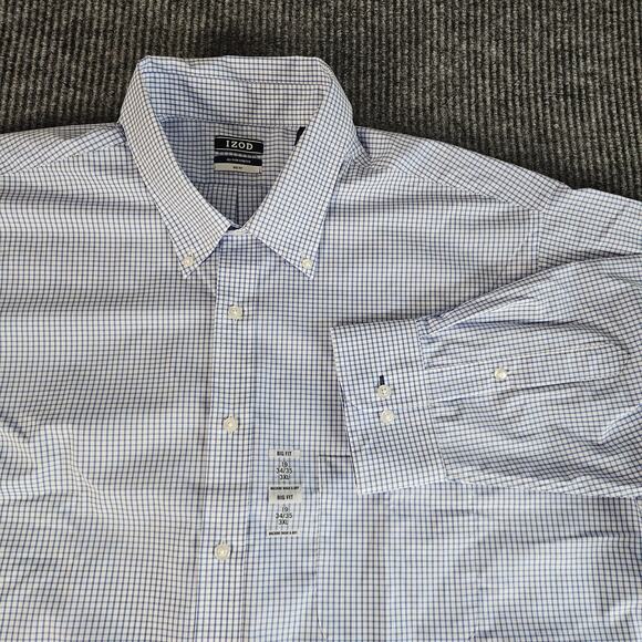 IZOD Shirt Mens 3XL Blue Check Button-Down Long Sleeve Big Fit Stretch 19 34/35 - Picture 1 of 11